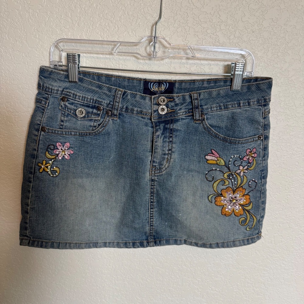 Vintage Y2K Fairycore Angels Rhinestone Denim Mini Skirt Size 11 Blue